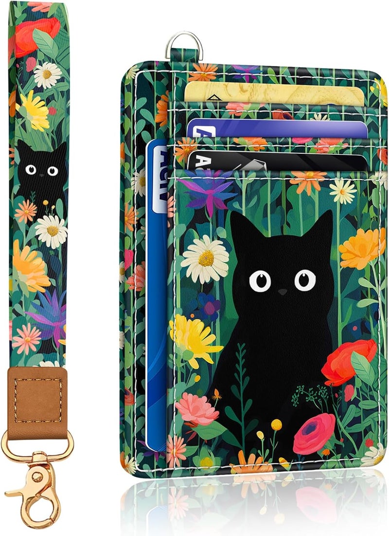 Yonlevres Cat Flower Credit Card Holder Slim Wallet, RFID Wallet Women Front Pocket Wristlet Lanyard, Small Card Holder Travel Funny Cute Thin ID Window PU Leather Case Organizer Gifts Girl - Image 1